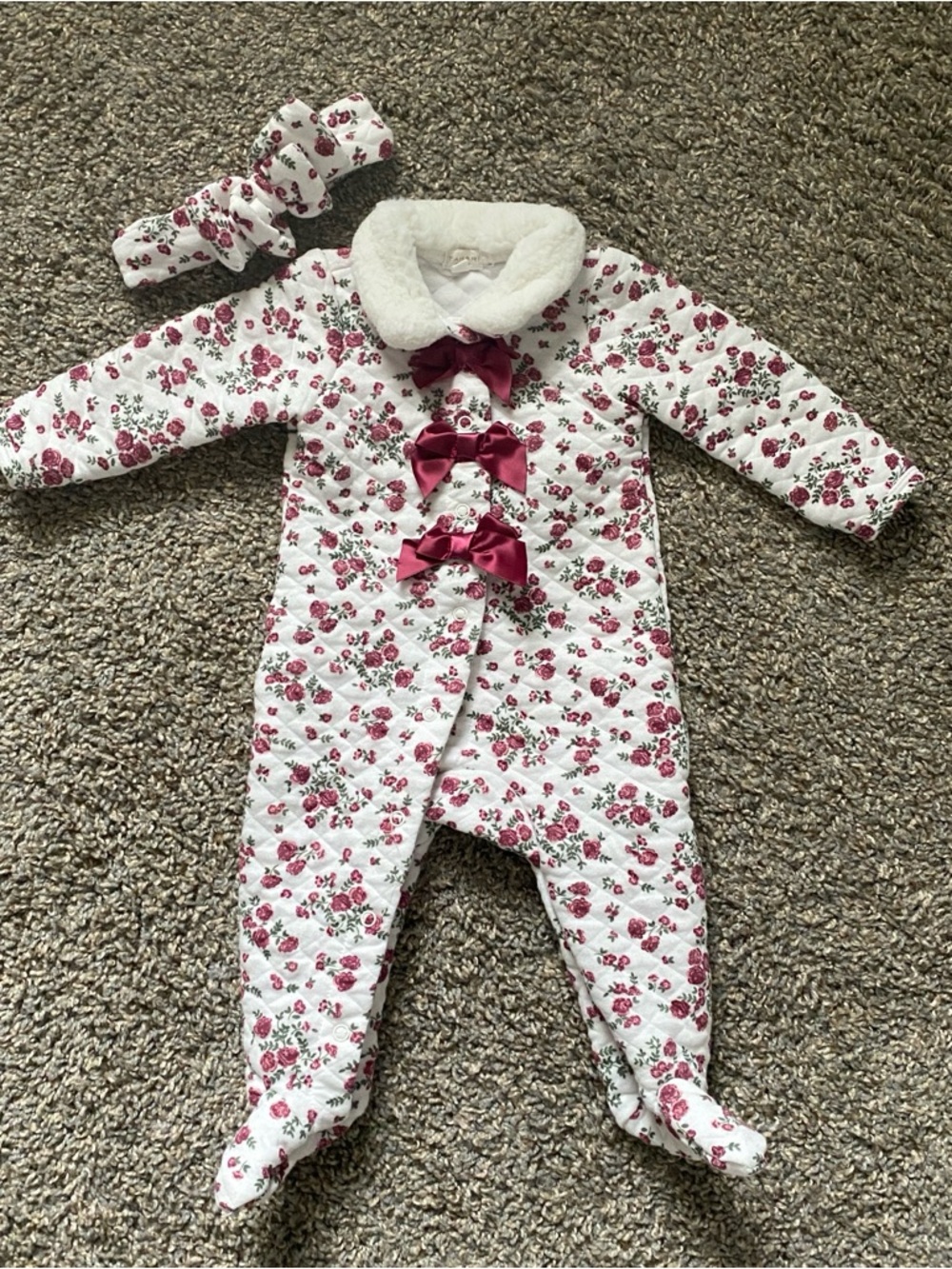 Tahari White Quilted Footed One-Piece with Rose Pink Bows